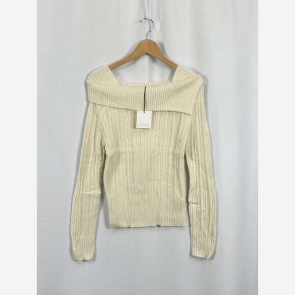 Cream Partial Off Shoulder Sweater – Soft Ribbed Knit - Picture 6 of 9